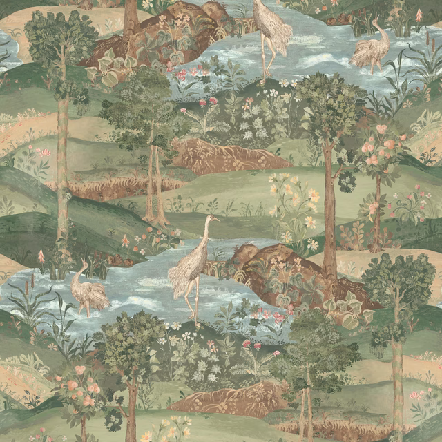 Muted sage-green scenic wallpaper with cranes, water, trees and pink flowers