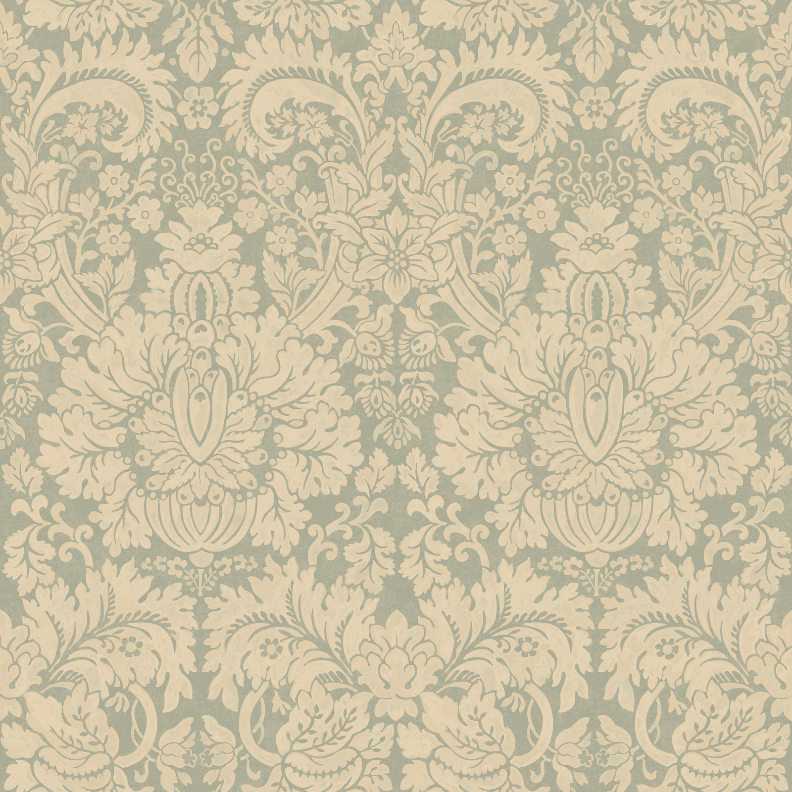 Muted aquamarine wallpaper with cream scrolling damask and large floral medallions