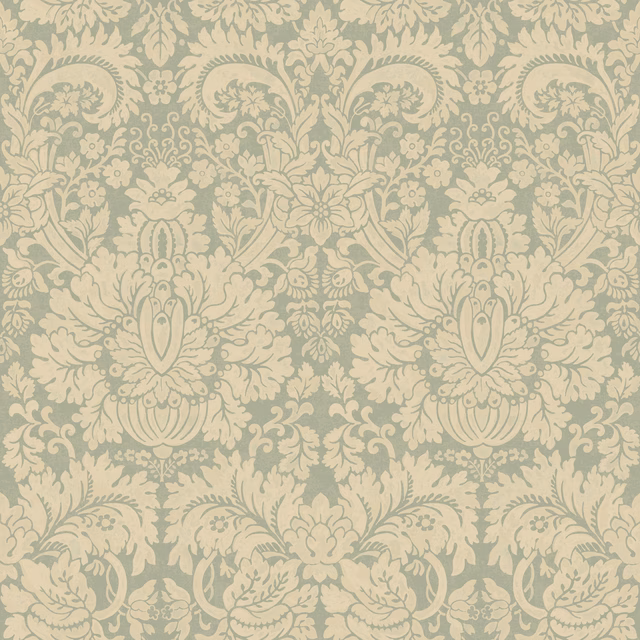 Muted aquamarine wallpaper with cream scrolling damask and large floral medallions
