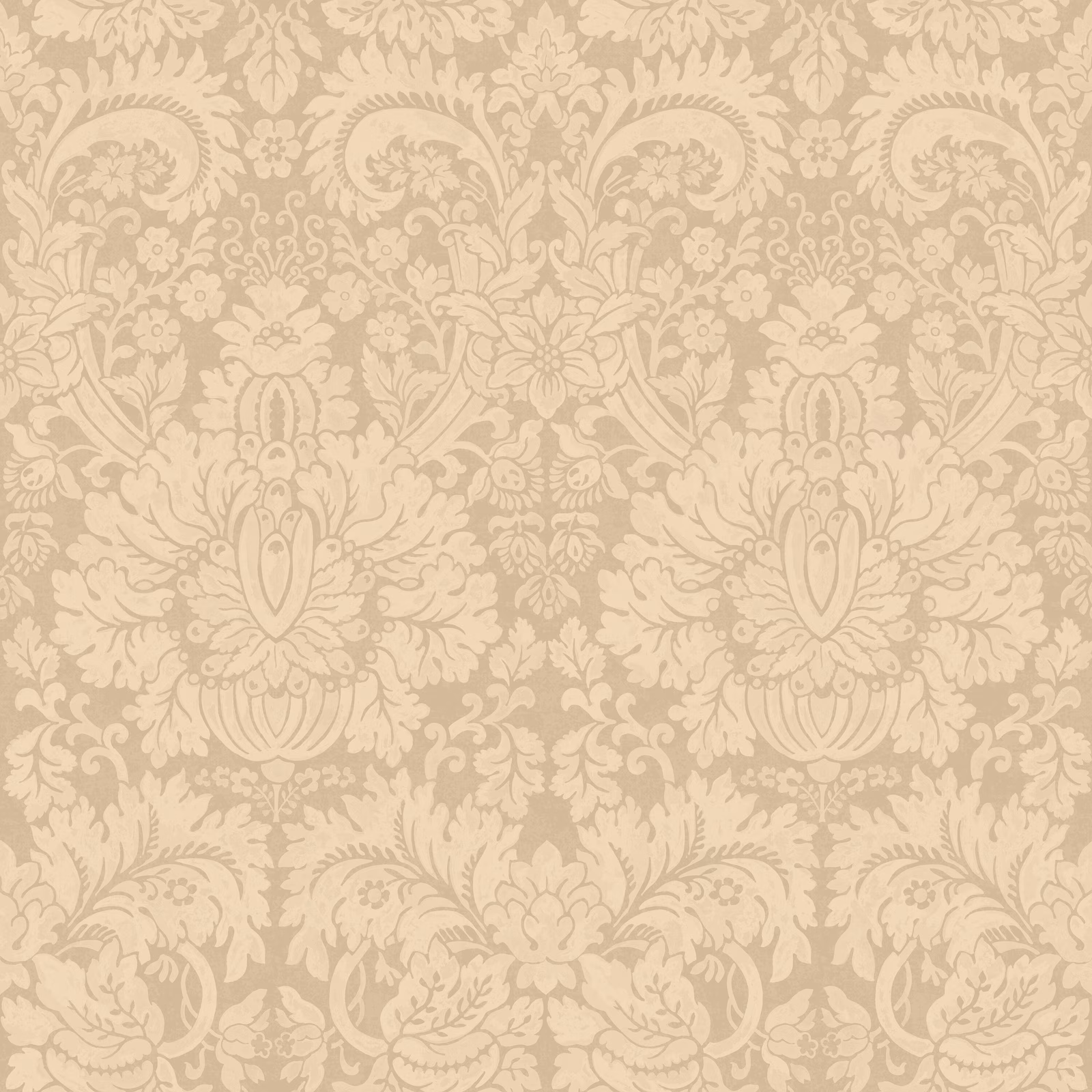 Warm marble-beige wallpaper with oversized cream damask foliage and floral medallions