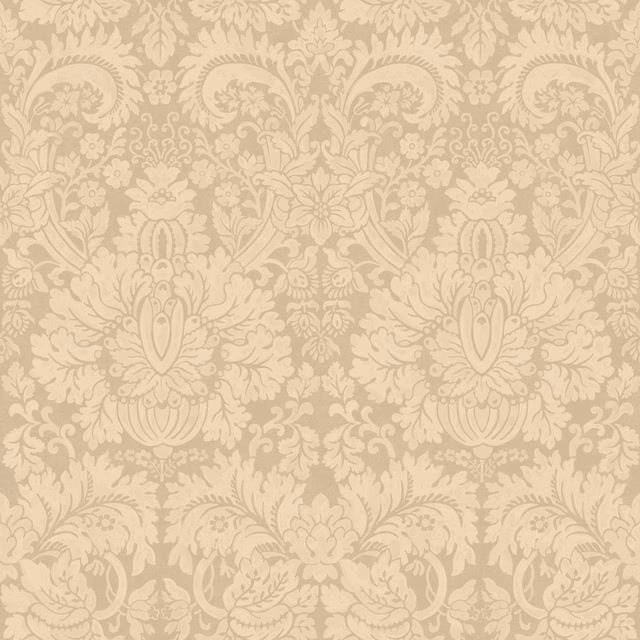 Warm marble-beige wallpaper with oversized cream damask foliage and floral medallions