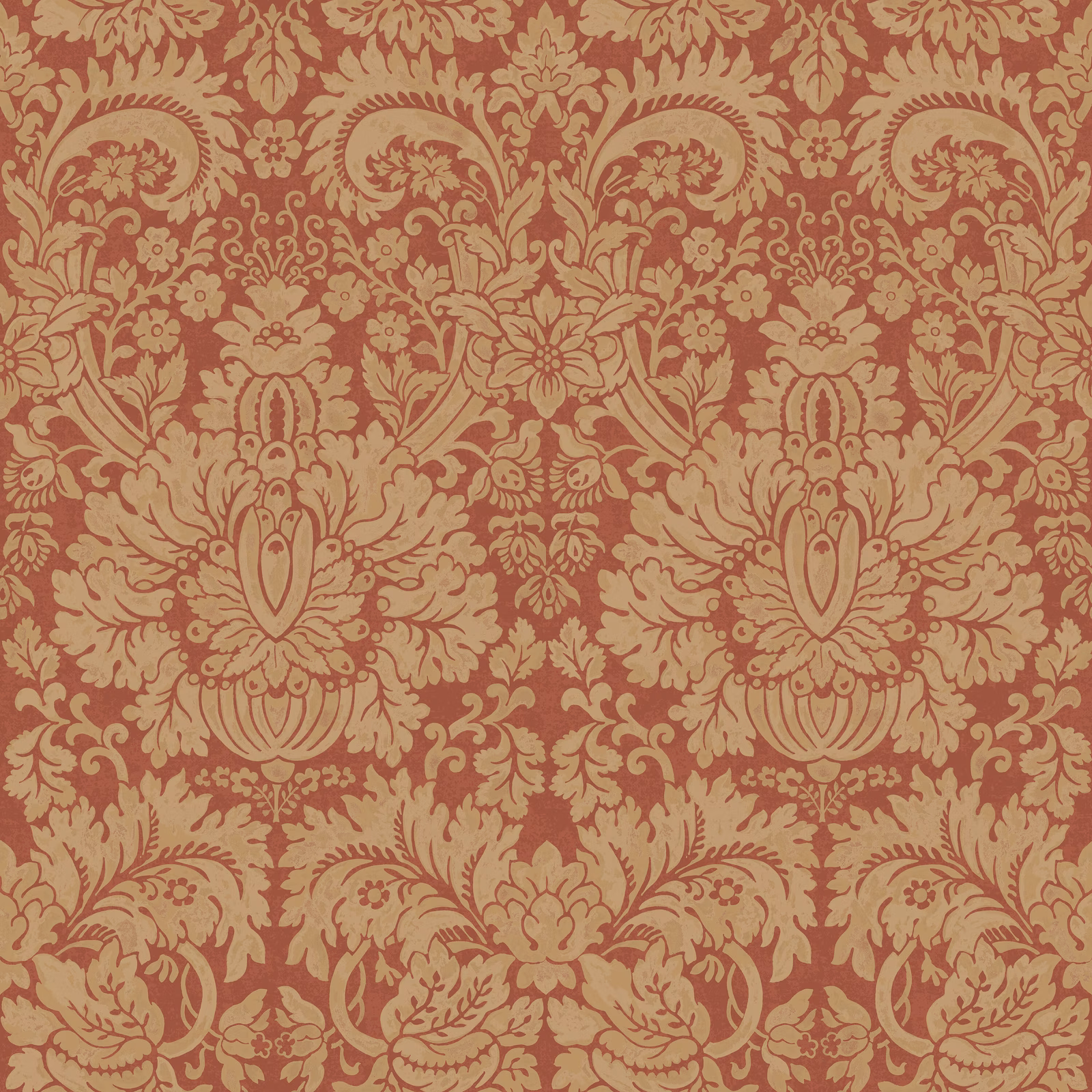Muted old-red wallpaper with repeating antique-gold floral damask scrolls