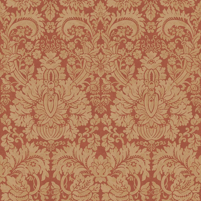 Muted old-red wallpaper with repeating antique-gold floral damask scrolls