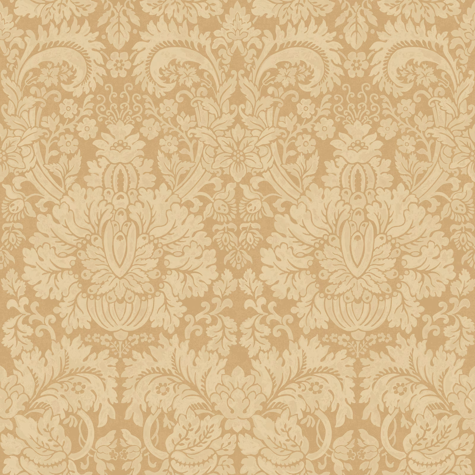 Warm parchment beige wallpaper with cream symmetrical damask medallions and scrolling floral motifs