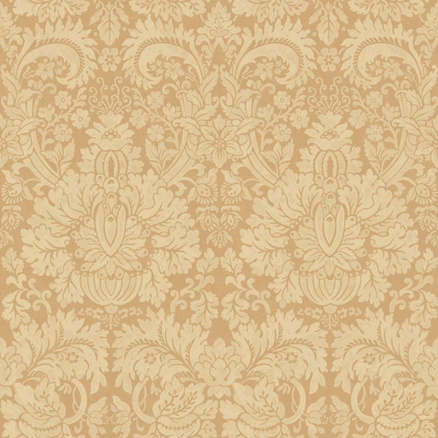 Warm parchment beige wallpaper with cream symmetrical damask medallions and scrolling floral motifs