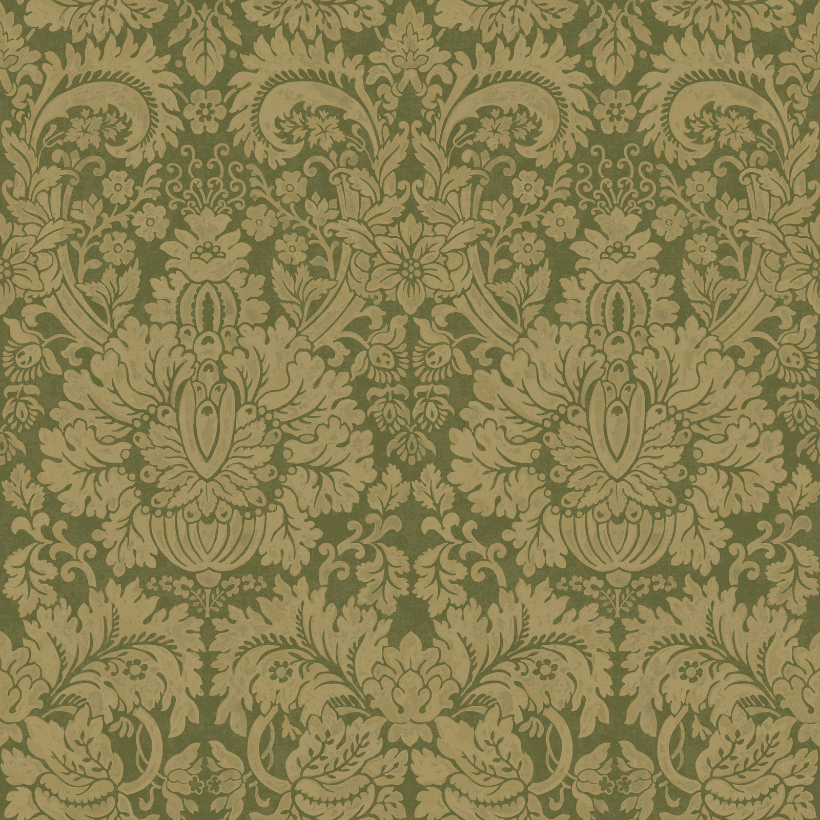 Muted olive-green wallpaper with sage damask scrolls and large floral medallions