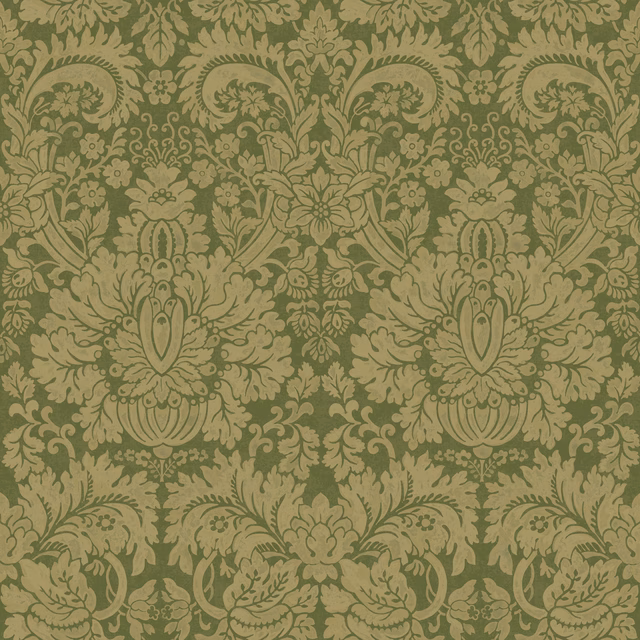 Muted olive-green wallpaper with sage damask scrolls and large floral medallions