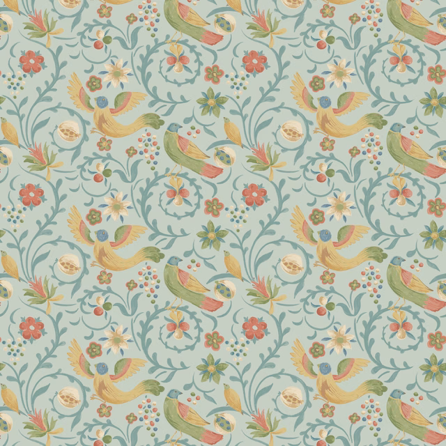 Pale aqua wallpaper with coral birds, sage foliage and ornate floral repeat