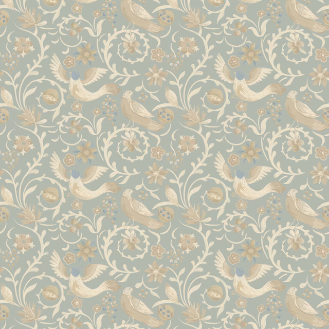 Muted blue-green wallpaper with ivory scrolls, flowers, paisley shapes and birds