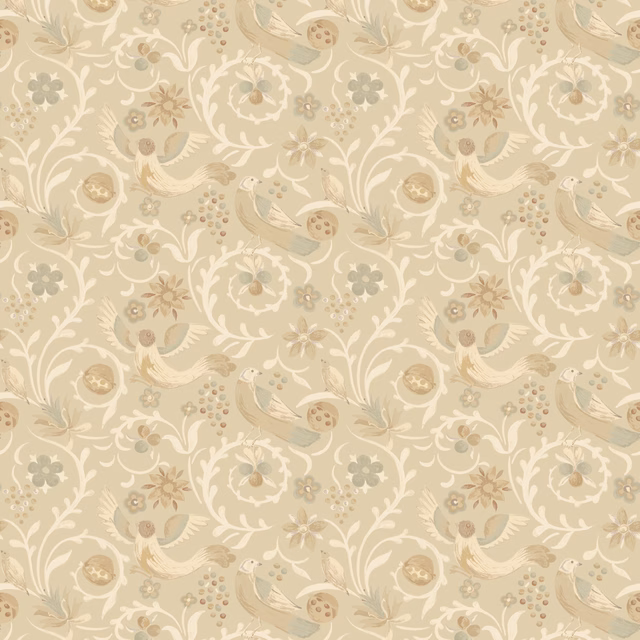Parchment beige wallpaper with cream scrolling foliage, birds and muted sage flowers