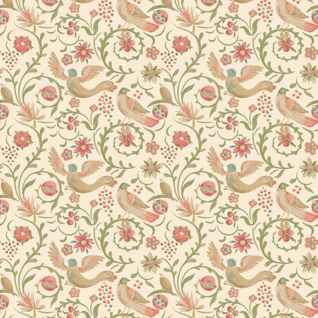 Cream wallpaper with pink flowers, sage vines, tan birds and blue-green details