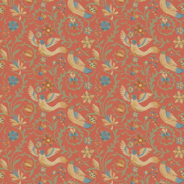 Coral-red wallpaper with repeating cream, sage and blue birds among scrolling flowers