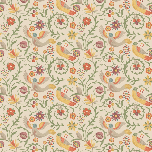 Cream wallpaper with sage vines, red blossoms, berries, birds and ochre flowers