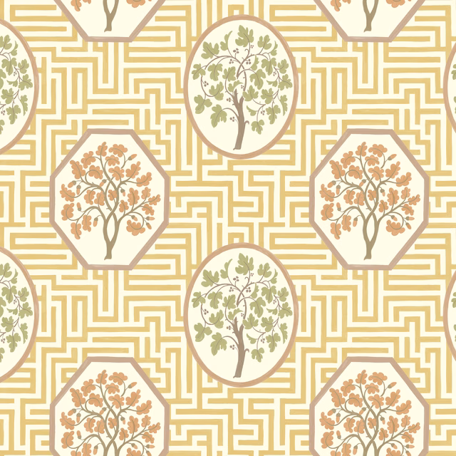 Ochre maze wallpaper with cream ground and sage, terracotta tree medallions