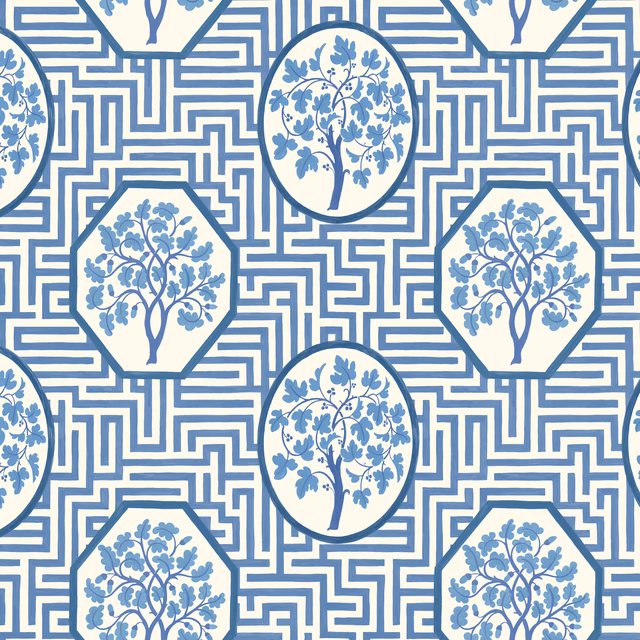 Royal blue maze lines with oval and hexagonal tree medallions on white wallpaper