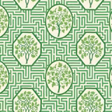 Royal green maze wallpaper with cream tree medallions and pale botanical foliage