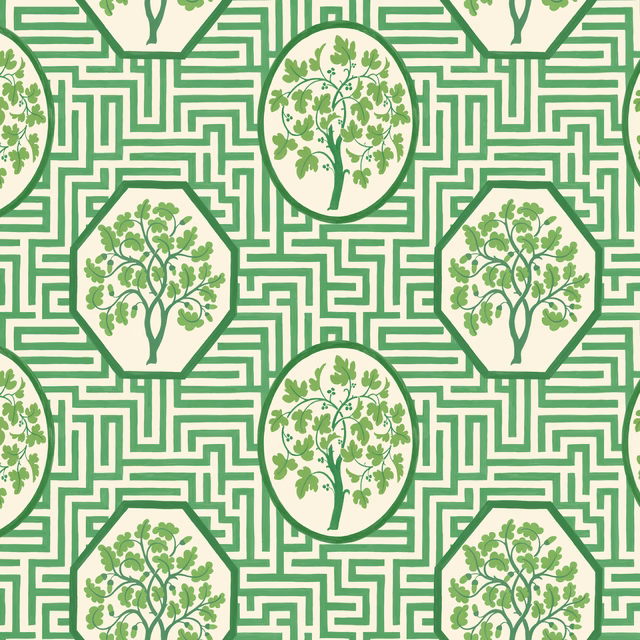 Royal green maze wallpaper with cream tree medallions and pale botanical foliage