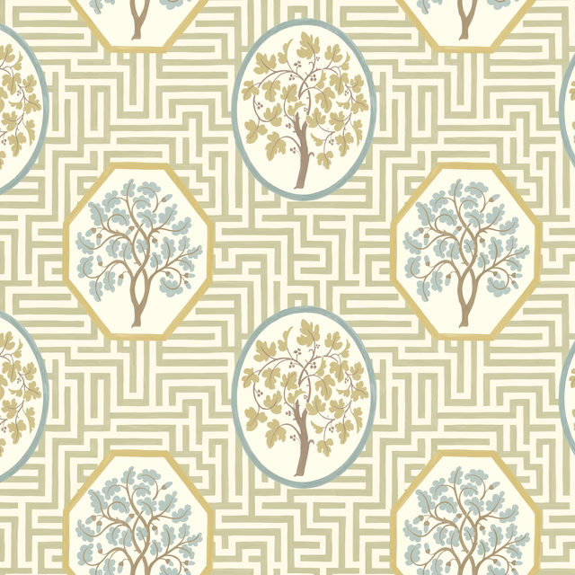 Sage maze wallpaper with cream tree medallions, pale blue outlines and brown branches