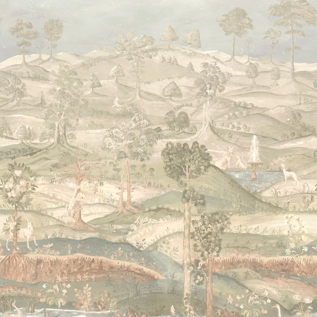 Antique sage pastoral wallpaper with rolling hills, trees, water, and blush foreground.