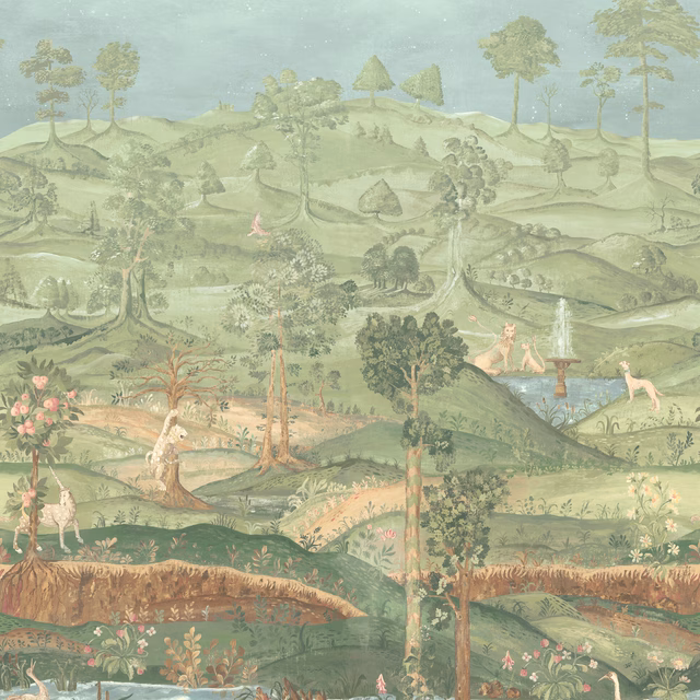 Muted sage pastoral wallpaper with hills, trees, figures, flowers, water and birds