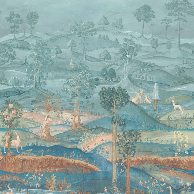 Misty teal landscape wallpaper with hills, trees, figures and flowering foreground