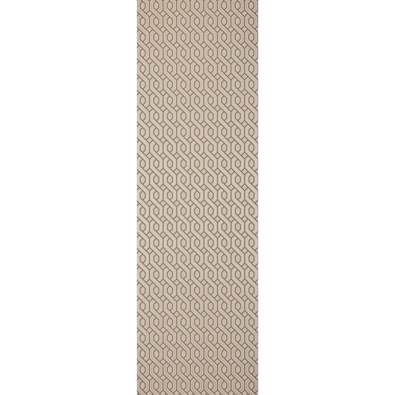 Muted blush wallpaper with fine taupe interlocking trellis lines in a repeating geometric grid
