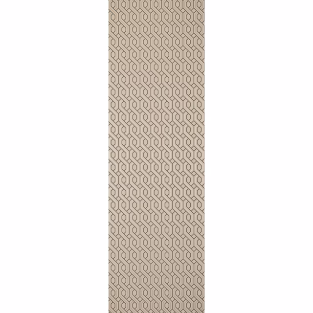 Muted blush wallpaper with fine taupe interlocking trellis lines in a repeating geometric grid