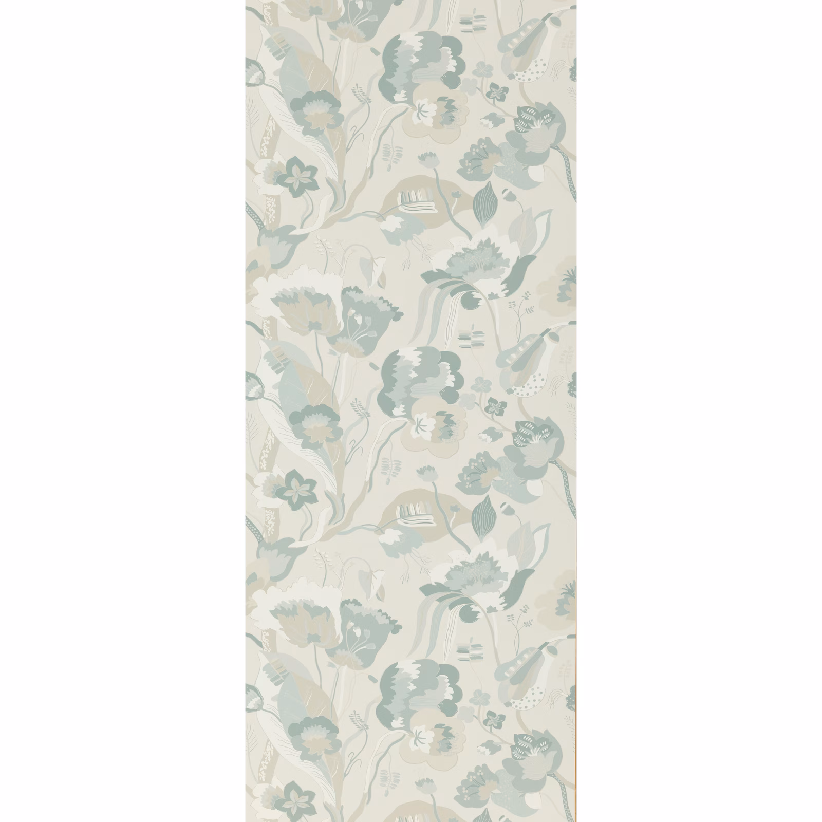 Soft blue-green floral wallpaper with curling stems and pale botanical flowers