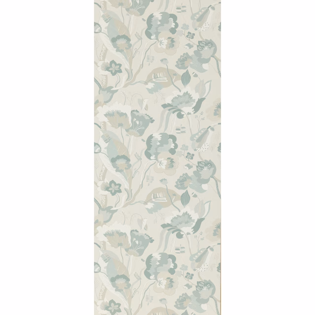 Soft blue-green floral wallpaper with curling stems and pale botanical flowers