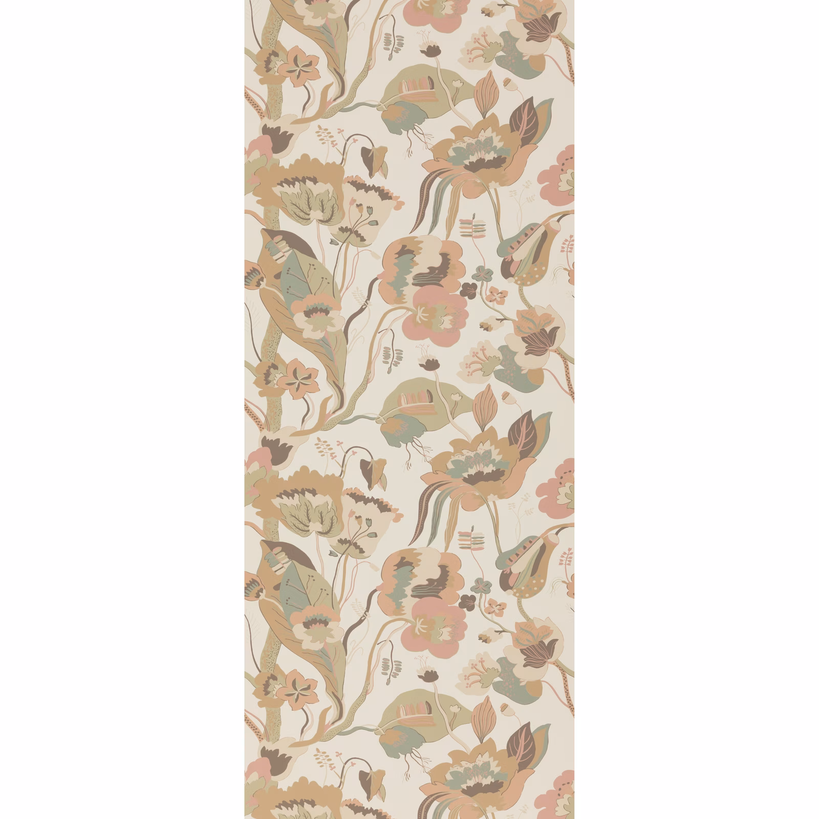 Muted sage, blush and taupe trailing florals on a cream wallpaper ground