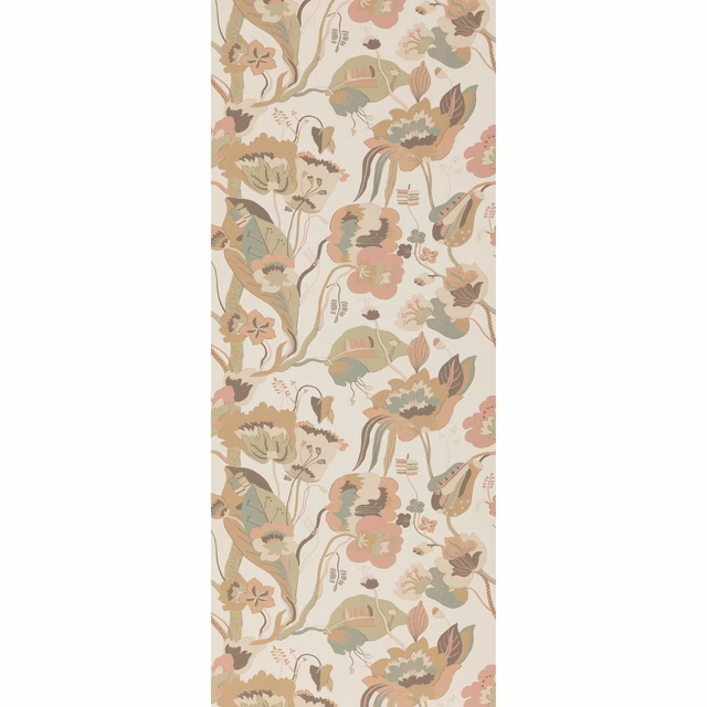 Muted sage, blush and taupe trailing florals on a cream wallpaper ground