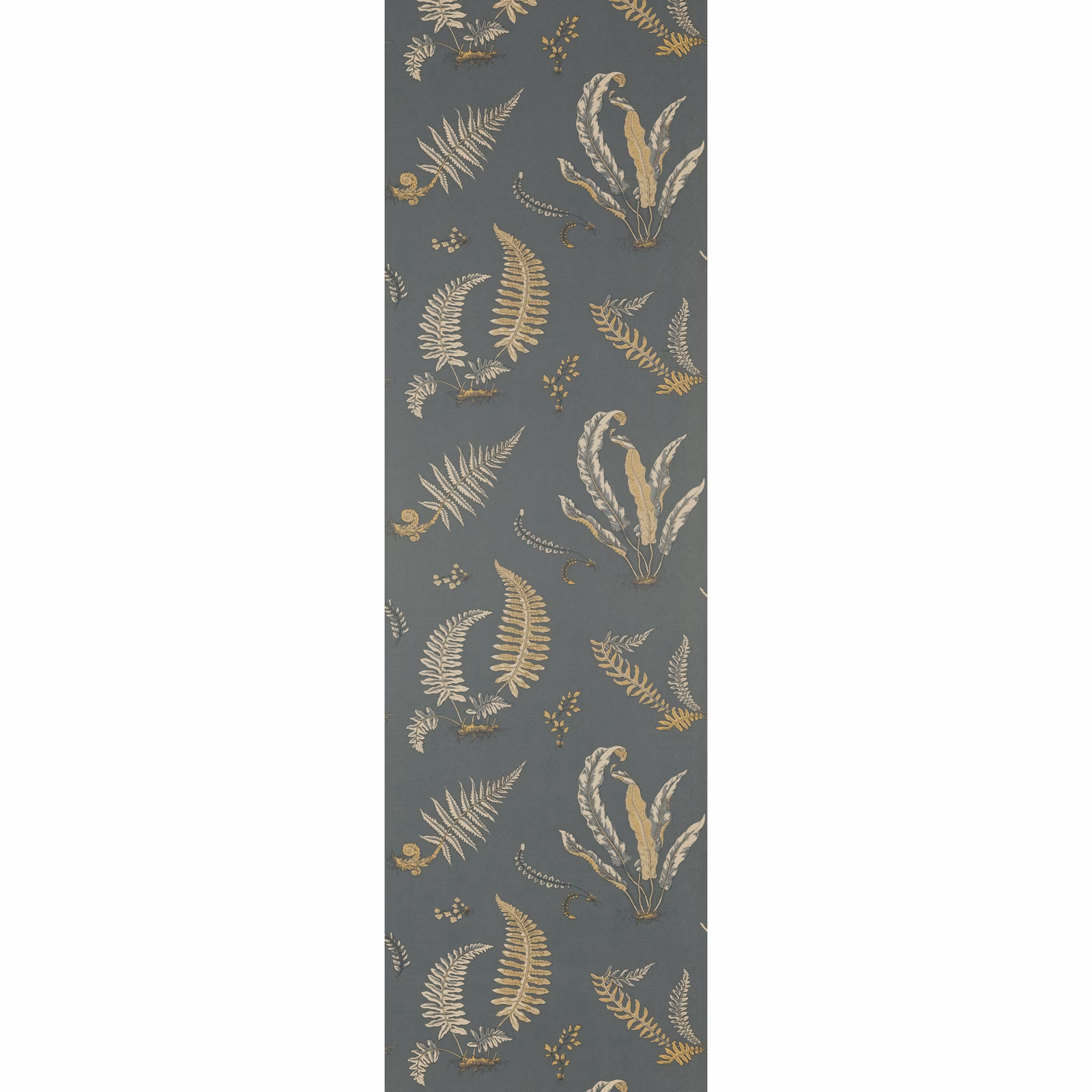 Charcoal wallpaper with bronze and ivory fern motifs in a repeating botanical pattern