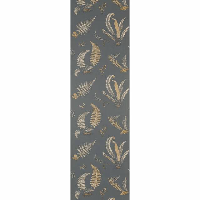 Charcoal wallpaper with bronze and ivory fern motifs in a repeating botanical pattern