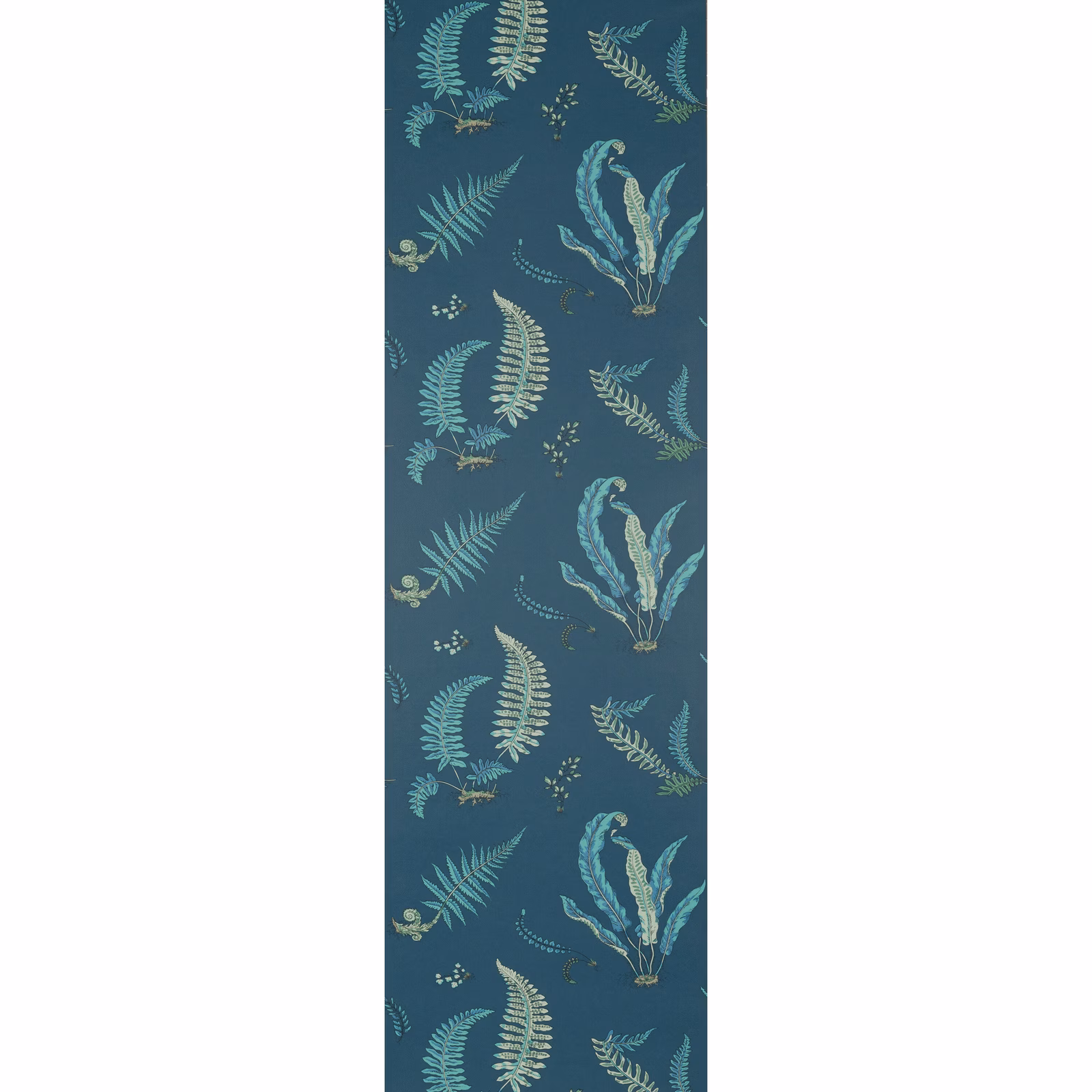 Deep indigo-teal wallpaper with repeating fern fronds and pale blue-green botanical details