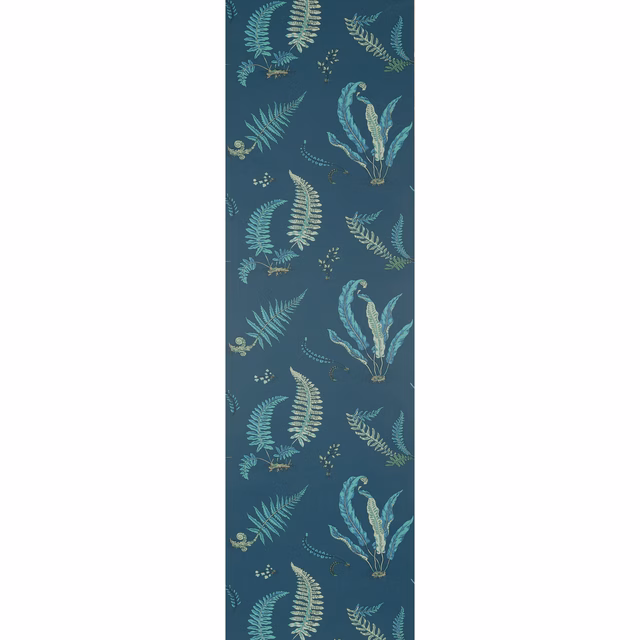 Deep indigo-teal wallpaper with repeating fern fronds and pale blue-green botanical details