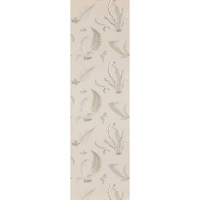 Pale linen-beige wallpaper with grey-green fern fronds and delicate botanical sprigs