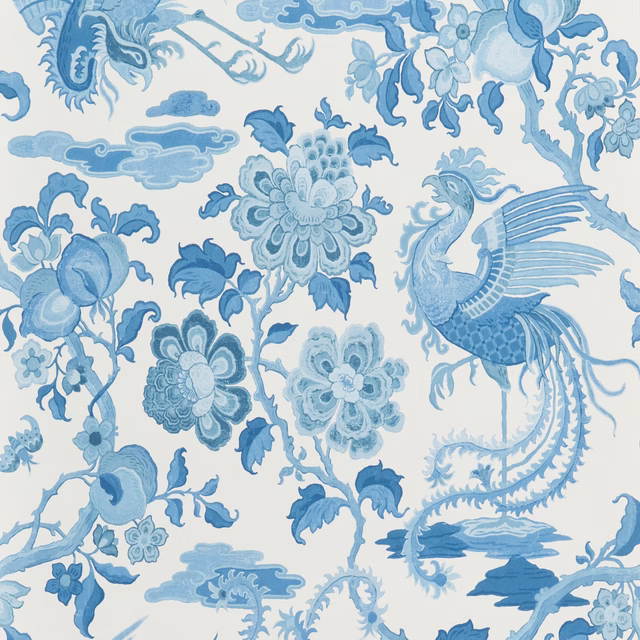 Chifu Blue wallpaper with pale blue flowers, ornamental bird, foliage and scrolling clouds