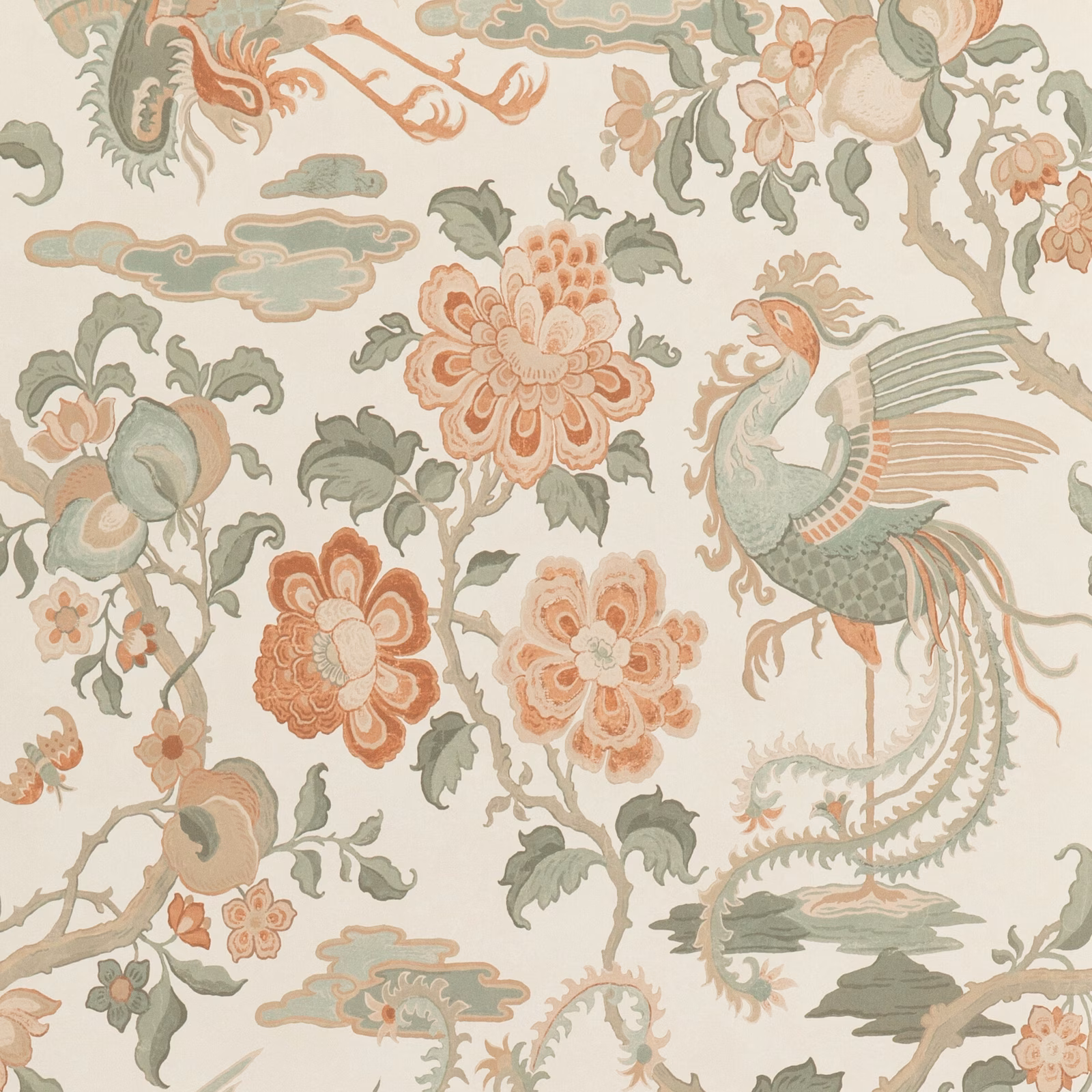 Blush chinoiserie wallpaper with coral peonies, sage foliage and a detailed phoenix.