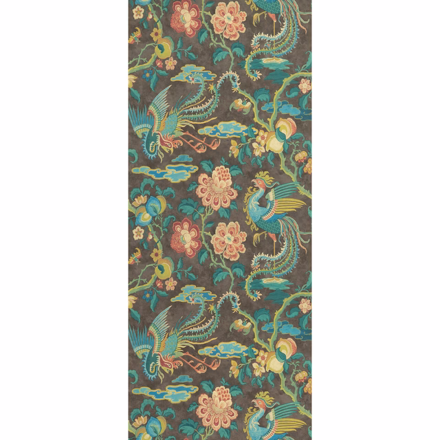 Charcoal wallpaper with turquoise birds, coral flowers and curling multicoloured foliage