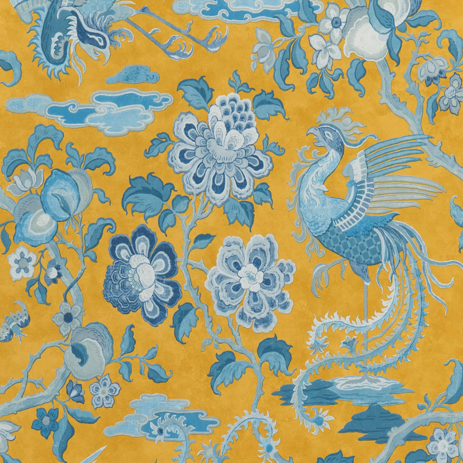 Ochre wallpaper with blue cranes, peonies, cloud scrolls and curling foliage