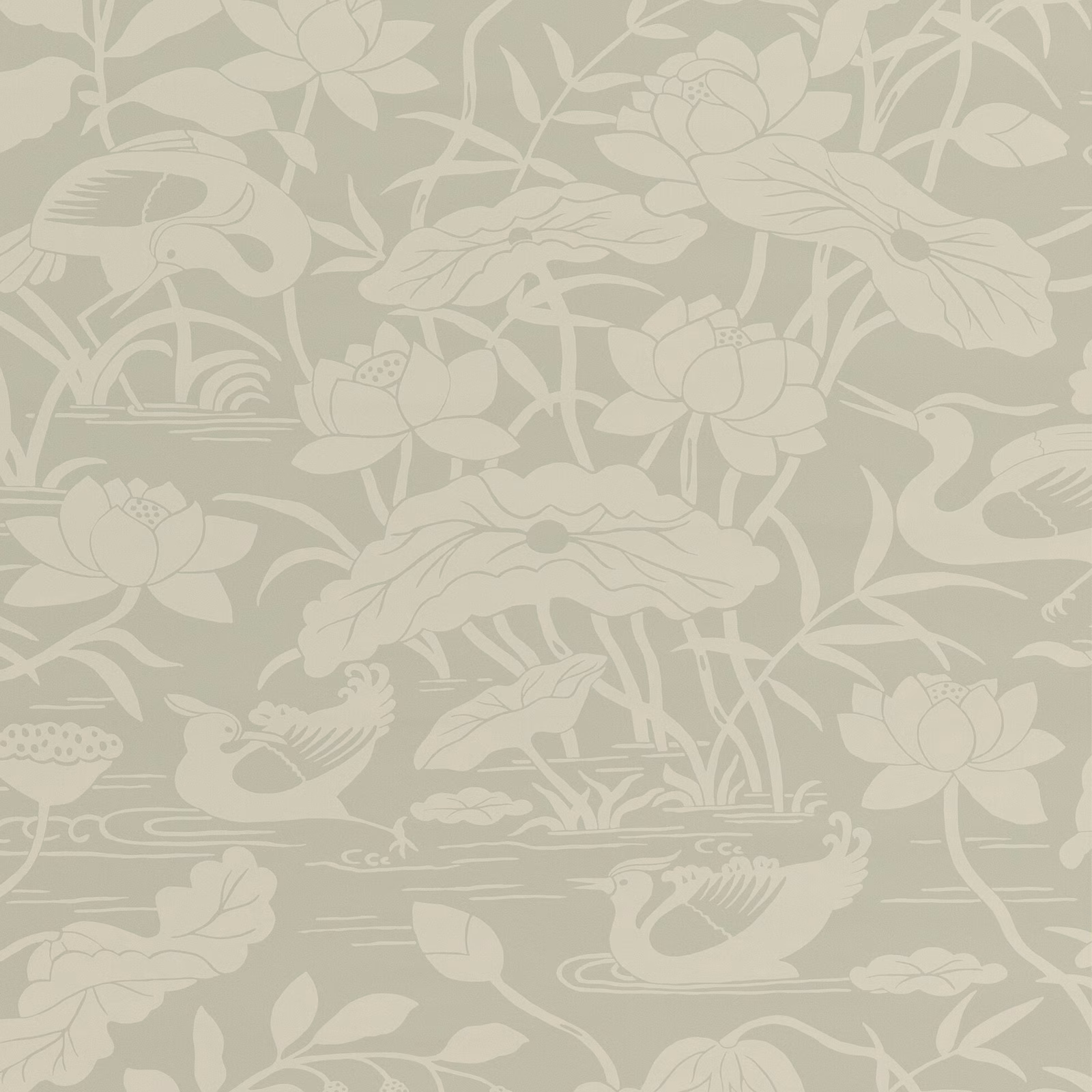 Muted aqua sage wallpaper with pale herons, lotus flowers and pond foliage