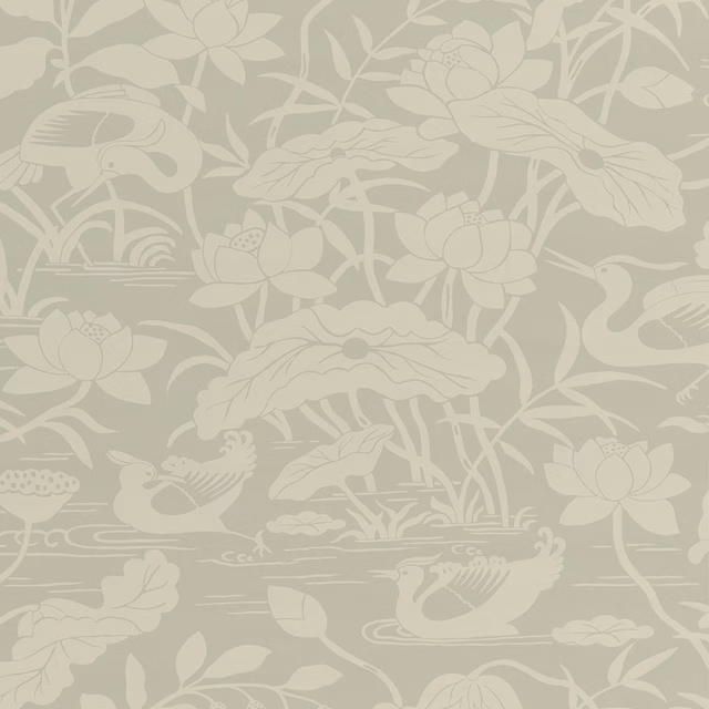 Muted aqua sage wallpaper with pale herons, lotus flowers and pond foliage