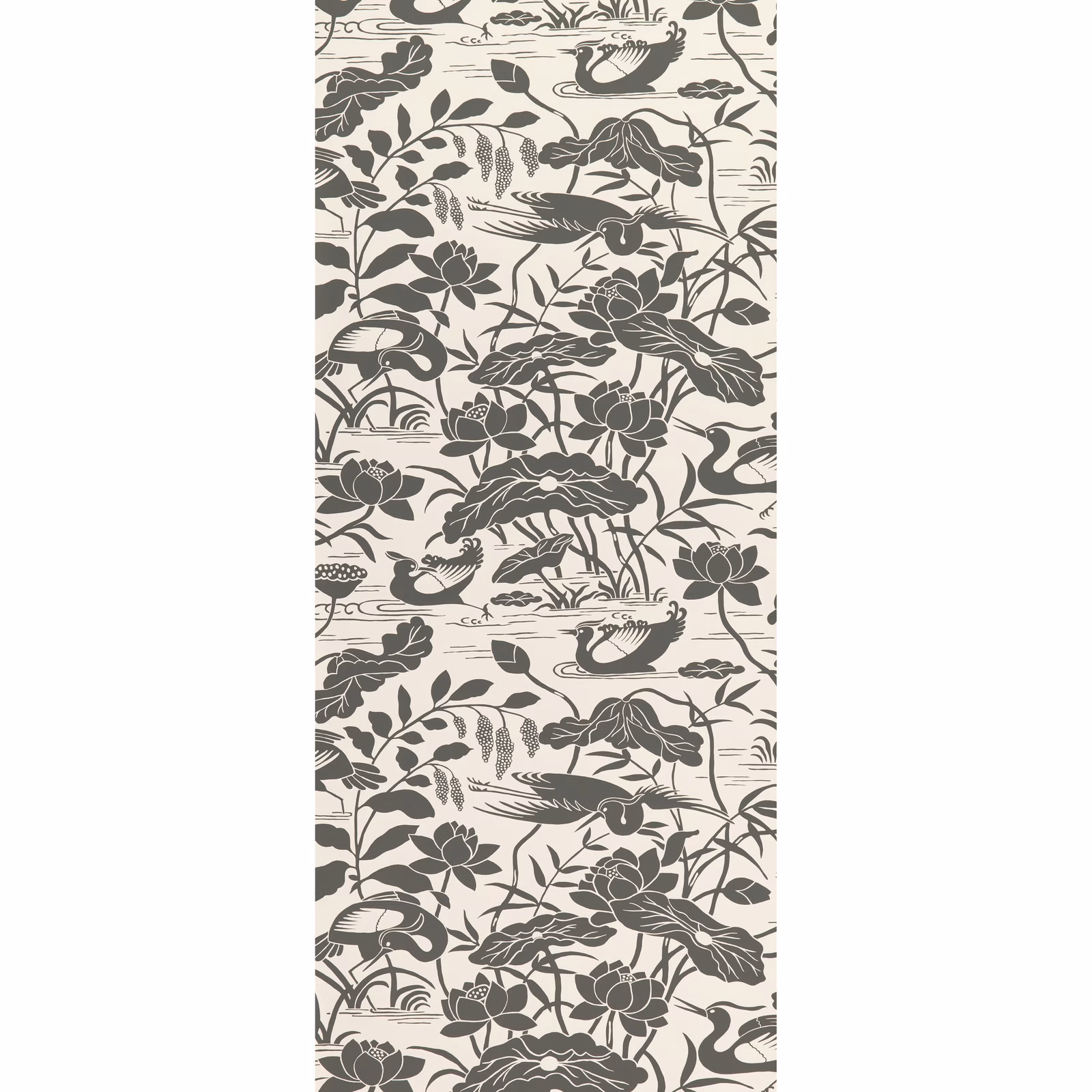 Charcoal herons and lotus flowers on an ivory ground, non-woven wallpaper