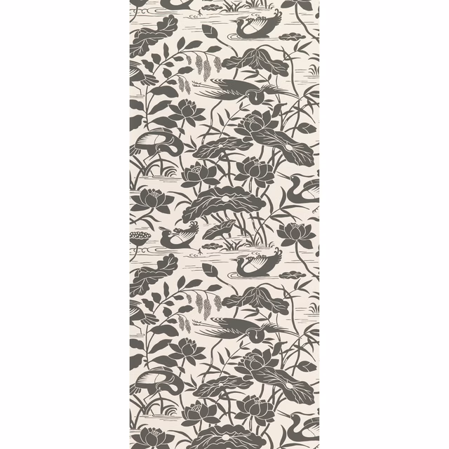 Charcoal herons and lotus flowers on an ivory ground, non-woven wallpaper