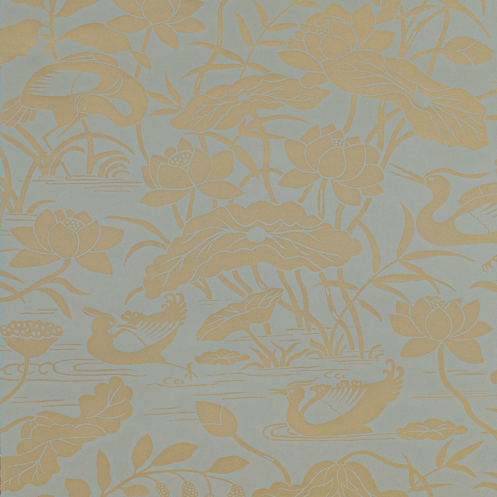 Muted eucalyptus wallpaper with ochre lotus flowers, herons and trailing foliage