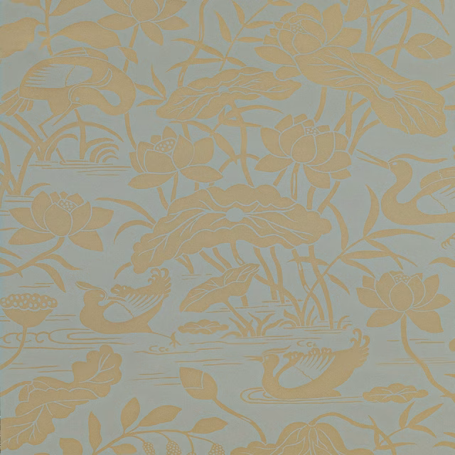 Muted eucalyptus wallpaper with ochre lotus flowers, herons and trailing foliage