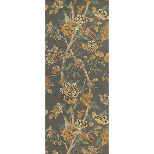 Charcoal wallpaper with sienna birds, flowering branches and muted ochre botanicals