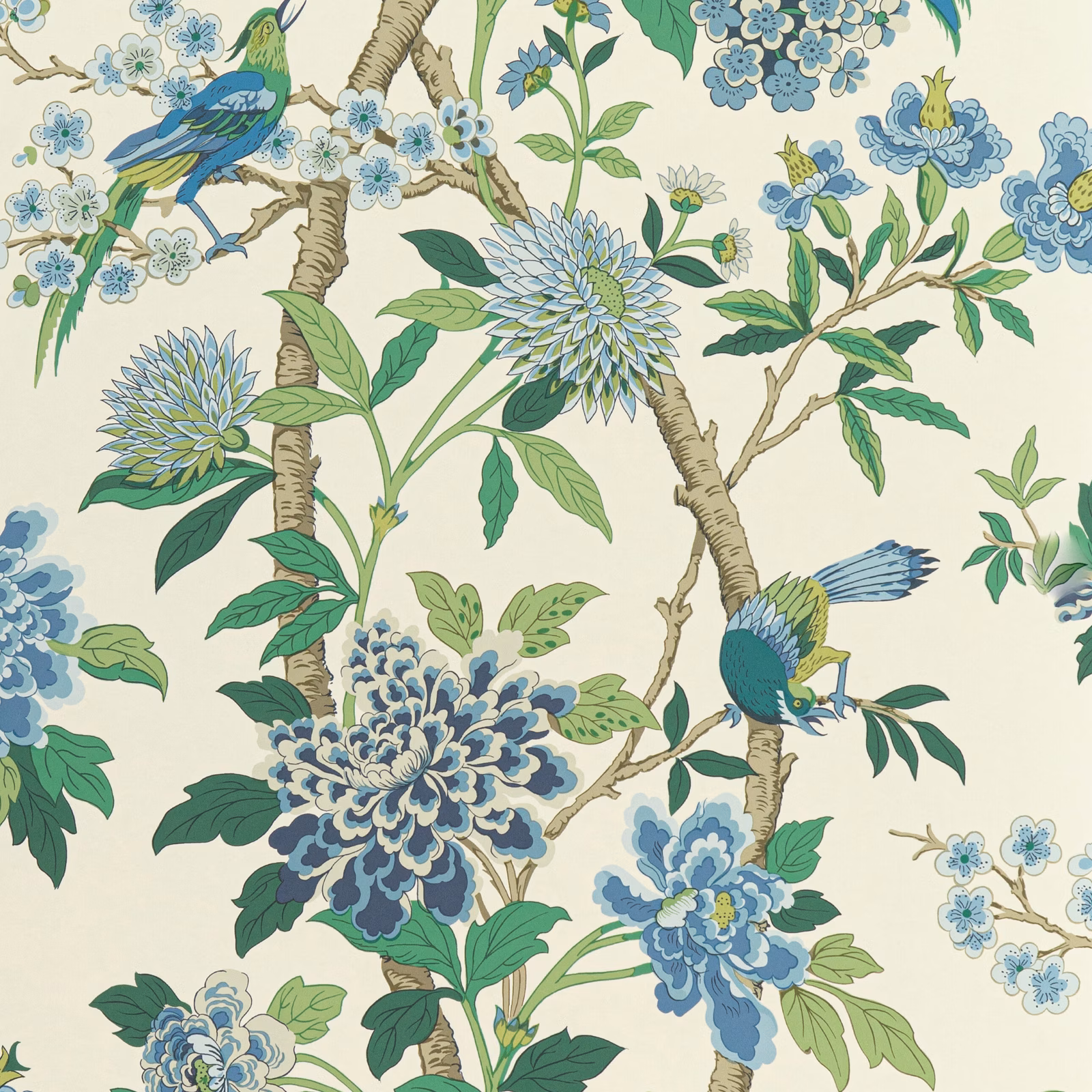 Emerald and blue birds among blue hydrangeas on a cream botanical ground