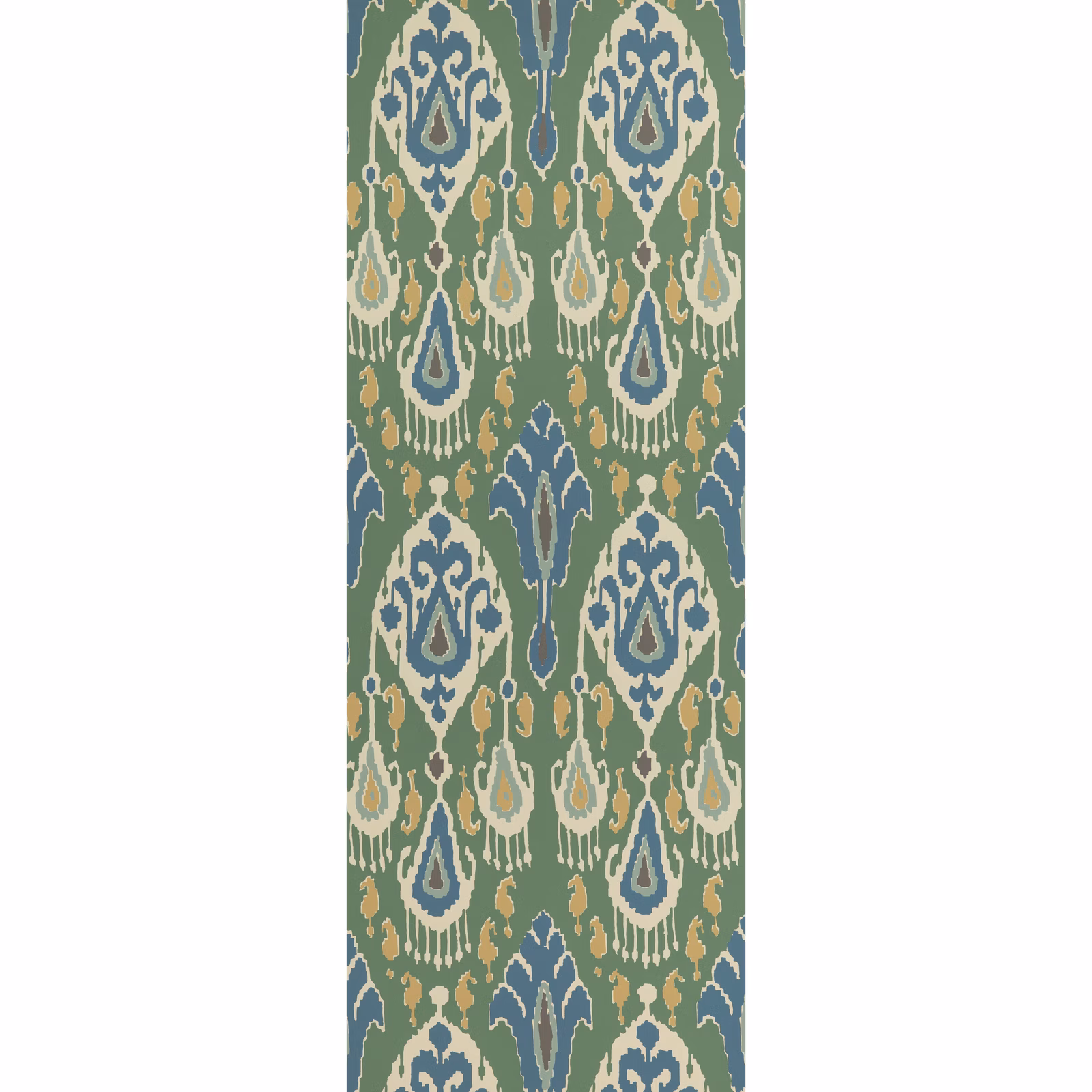 Emerald wallpaper with blue, cream and ochre ikat paisley motifs