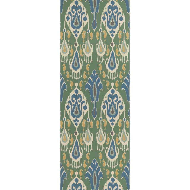 Emerald wallpaper with blue, cream and ochre ikat paisley motifs